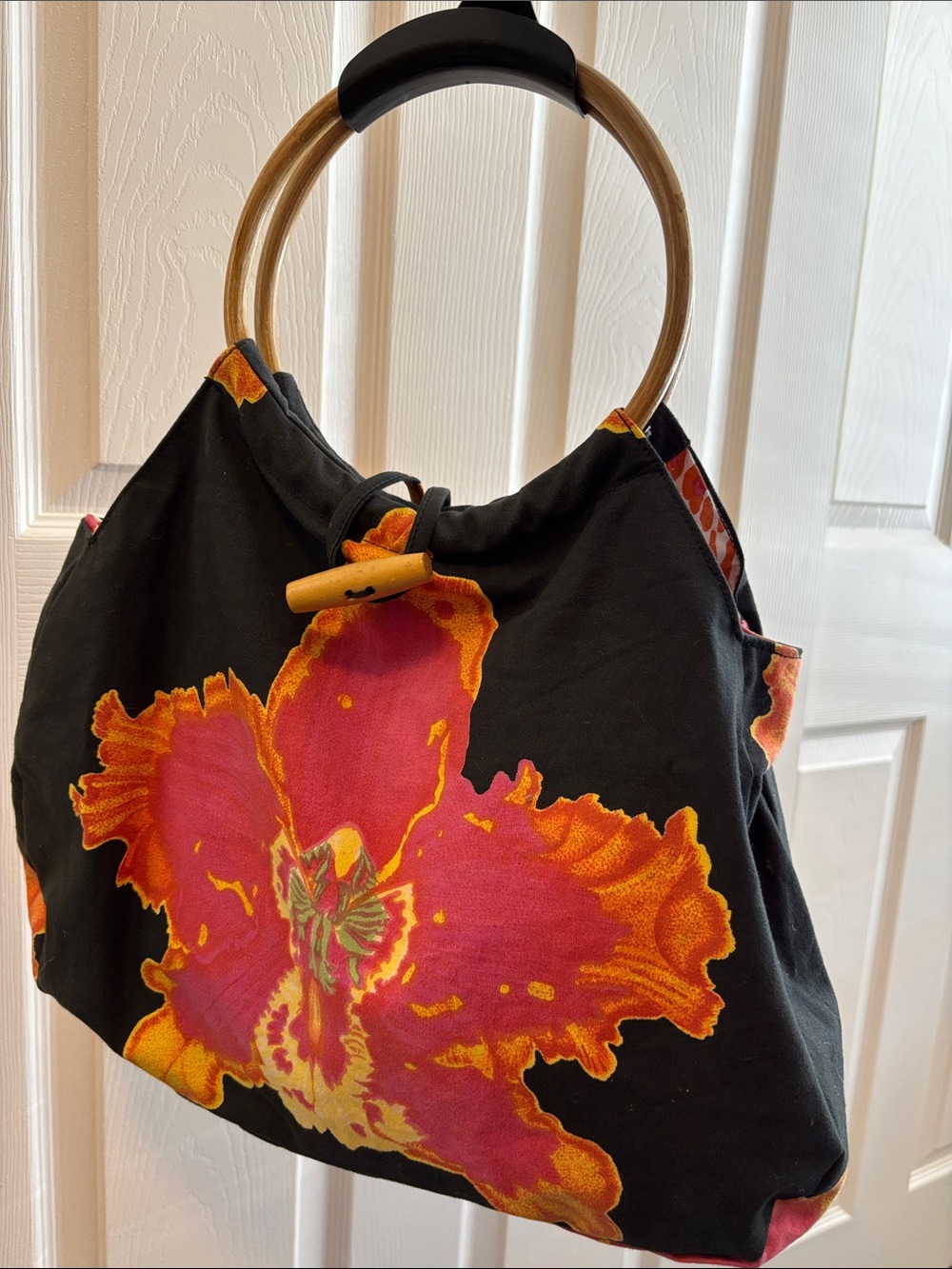 Graham Kandiah NY Vibrant Orchid Print Bag with Bamboo Handles